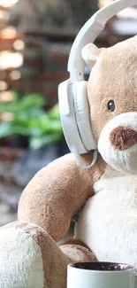 Teddy bear with headphones on grass with a cup.