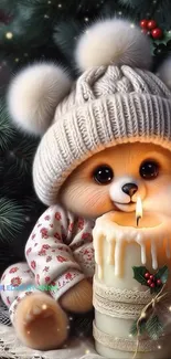 Cute teddy bear with candle and knit hat in cozy setting.