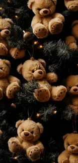 Teddy bear Christmas tree wallpaper with cozy festive vibe.