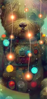 Fantasy teddy bear with colorful lights on a dark cyan background.