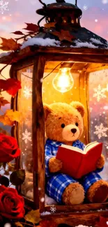 Teddy bear in pajamas reading inside a lantern, surrounded by snowflakes and roses.