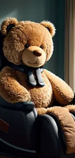 A large teddy bear sitting in a comfy massage chair by a window.