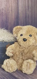 Cozy brown teddy bear on rustic background