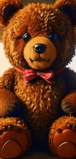 Adorable brown teddy bear with a red bow tie sitting in a cozy room.