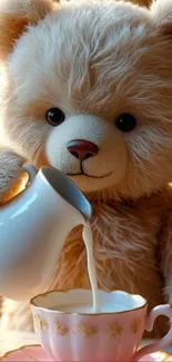 Teddy bear pours milk into a pink teacup.
