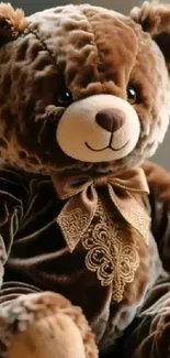 Cozy brown teddy bear with embroidered bow tie.