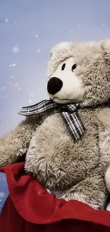 Teddy bear with gifts in a snowy Christmas scene.