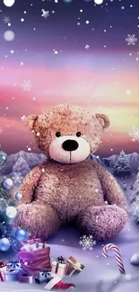 Teddy bear in a snowy festive winter scene with sunset and decorations.