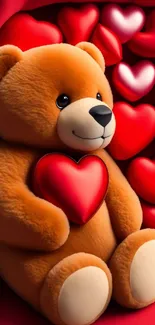 Cute teddy bear holding a red heart with heart-shaped decorations on a red background.