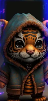 Adorable baby tiger in a warm hoodie with glowing accents on a mobile wallpaper.