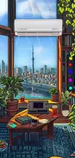 Cozy urban studio with city view and plants.