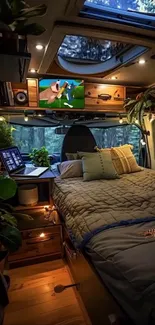 Cozy van interior with bed and plants.