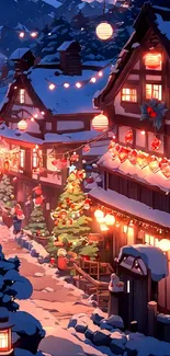 Charming snowy village with Christmas lights and decorations at night.