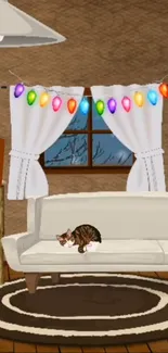 Cozy room with cat and festive lights on a sofa.