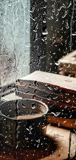 Cozy scene with a coffee cup and books by a rainy window.