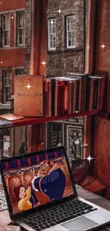 Cozy vintage library wallpaper with books and a laptop.