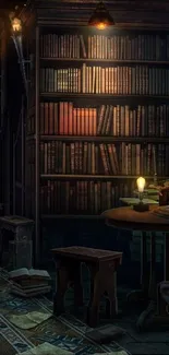 Vintage library with warm lighting and rustic bookshelves.