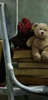 Vintage teddy bear sitting on stacked books with rustic ambiance.