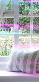 Cozy window nook with white curtains and plush pillows in natural light.