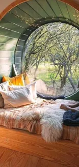 Cozy nook with window view featuring pillows and warm lighting.