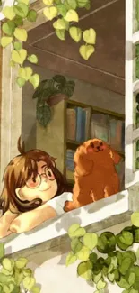 Illustration of girl and dog at leafy window, cozy and serene.