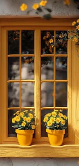 Cozy window with yellow flower pots decoration.