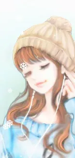 Anime character in winter attire with beanie enjoying music.