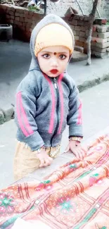 Baby in cozy winter outfit with a colorful blanket in a rustic setting.