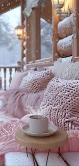 Cozy snowy balcony with pink pillows and a cup of coffee.