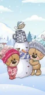 Two cute bears with a snowman in a snowy landscape.