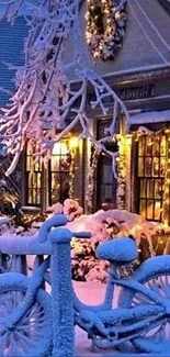 Snowy bicycle and warm, cozy home with holiday lights in winter scene.