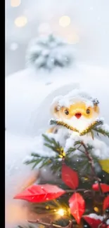 Cute snow-covered bird on a festive branch in winter scene wallpaper.