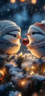 Two birds in winter hats on a snowy branch with festive lights.