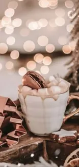 Cozy winter scene with bokeh lights, hot cocoa, and festive decorations.