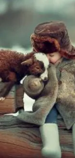 Child in winter coat with lamb on wooden bench in warm hues.