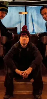 Three friends in a bus wearing winter hats with a snowy backdrop.