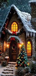 A snow-covered cozy cabin with festive lights at night.