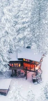 Snowy cabin surrounded by frosted forest in winter.