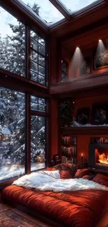 A cozy winter cabin interior with a fireplace and a snowy window view.