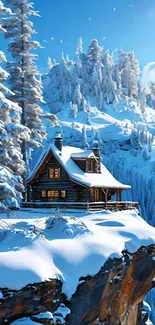 A cozy cabin on a snowy cliff in a serene winter landscape.