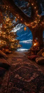 Cozy cabin with lights near a snowy lake at night.