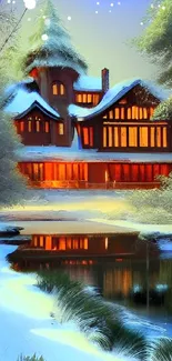 Peaceful snowy cabin with warm lights reflecting on a frozen lake under a blue sky.