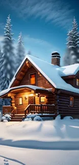 Snow-covered cabin illuminated at night.