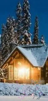 Cozy cabin in a snowy forest under a blue night sky for mobile wallpaper.