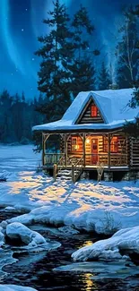 A cozy winter cabin by a snowy river under northern lights.