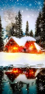 Snowy cabin with glowing lights and snowflakes, perfect for winter vibes.