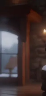 Cozy interior of a winter cabin with snow outside.