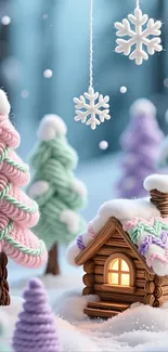 Cozy winter cabin with snow-covered trees and hanging snowflakes.