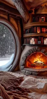 Cozy winter cabin with fireplace and snowy view.