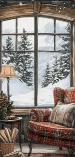 Cozy winter cabin with snowy mountain view.